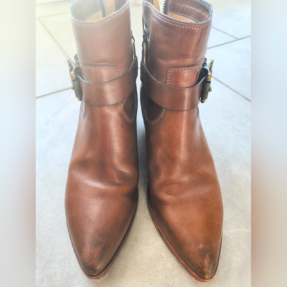 FRYE Zoe Ring Cognac Brown Leather Harness Boots Women's 7 - Picture 9 of 11